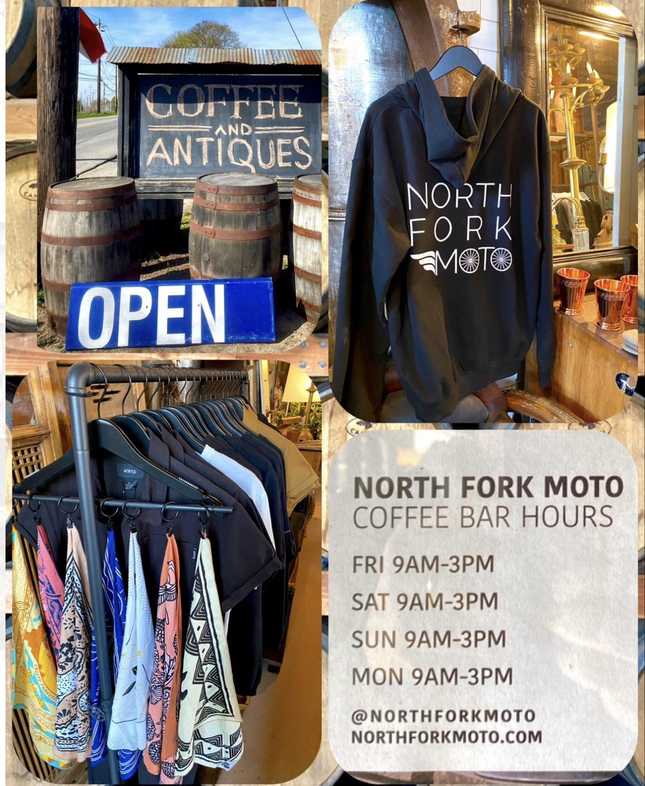 "Coffee and Antiques" sign shows scarves, hours.