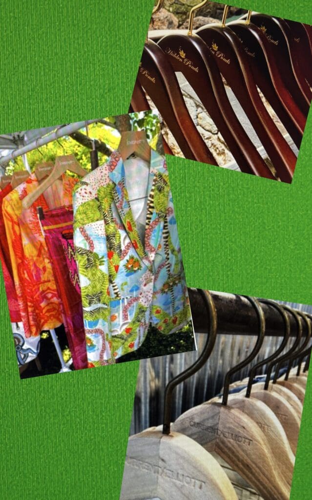 Colorful tropical shirts on “Kitten Ponds” wooden hangers.