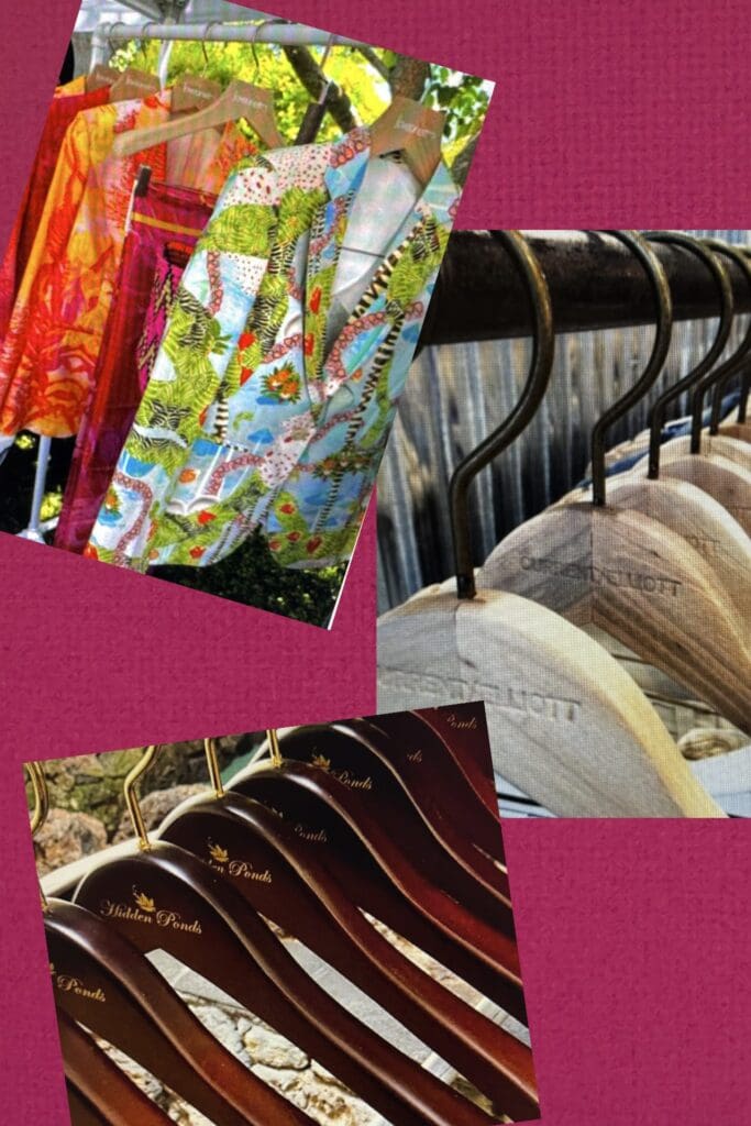 Colorful patterned clothes hang on wooden hangers naturally.