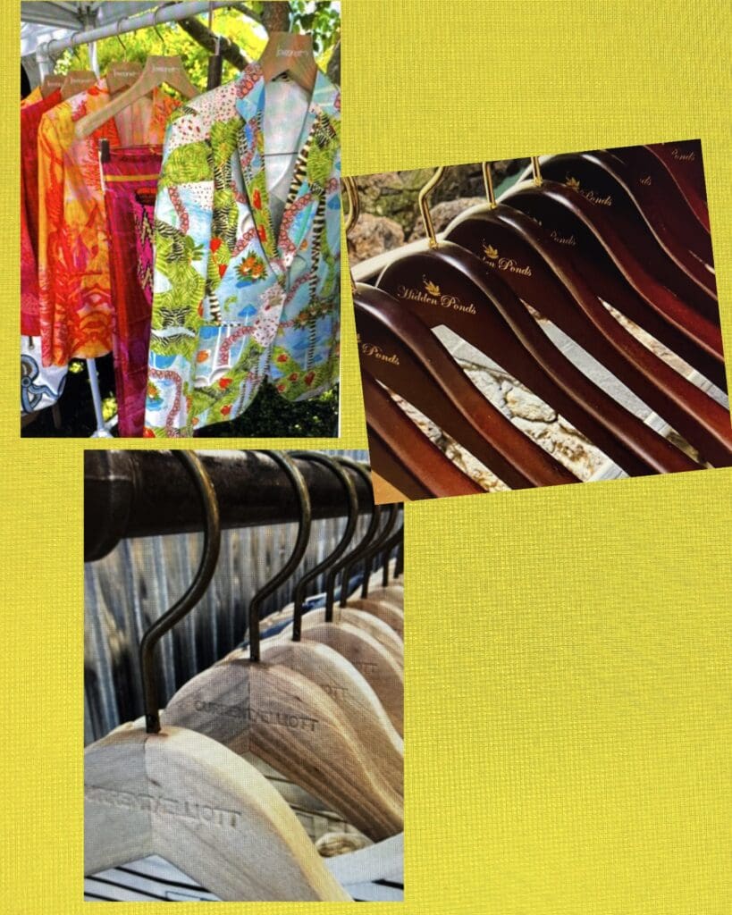 Colorful tropical shirts on “Kitten Ponds” wooden hangers.
