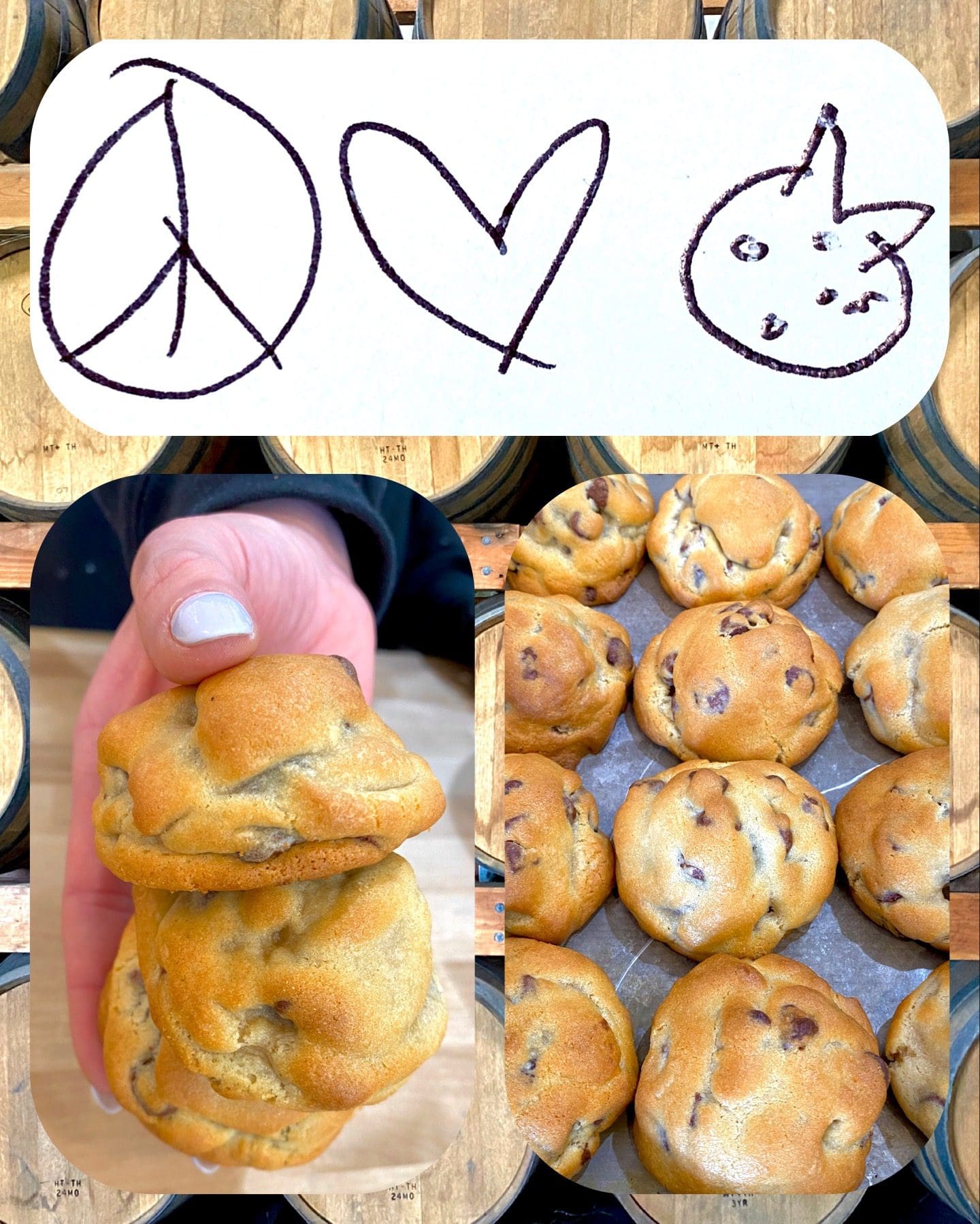 Hand holding three freshly baked chocolate chip cookies, with a background of other cookies and a peace sign, heart, and smiley face drawing above.