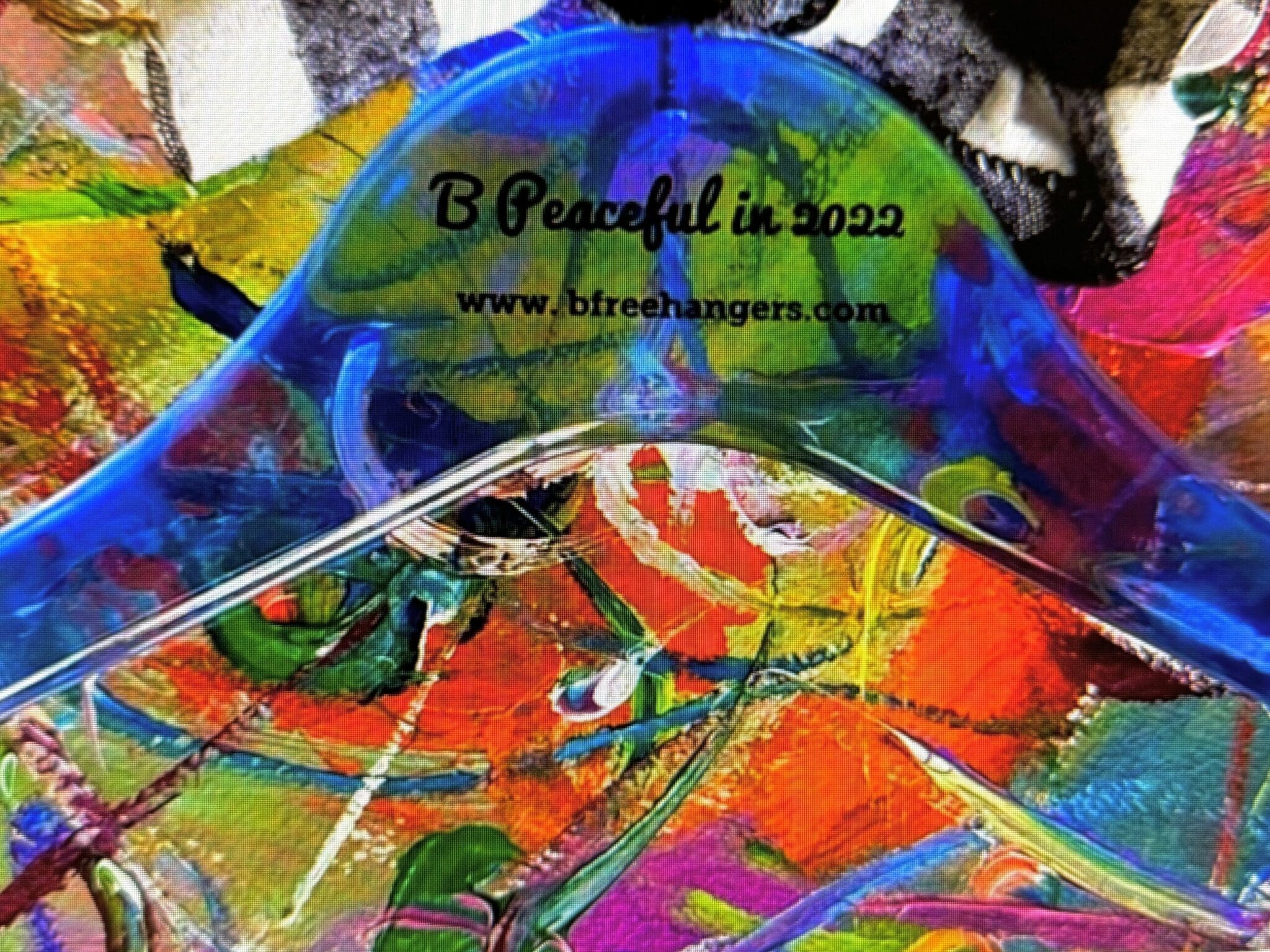 Blue hanger with message against vibrant abstract art.