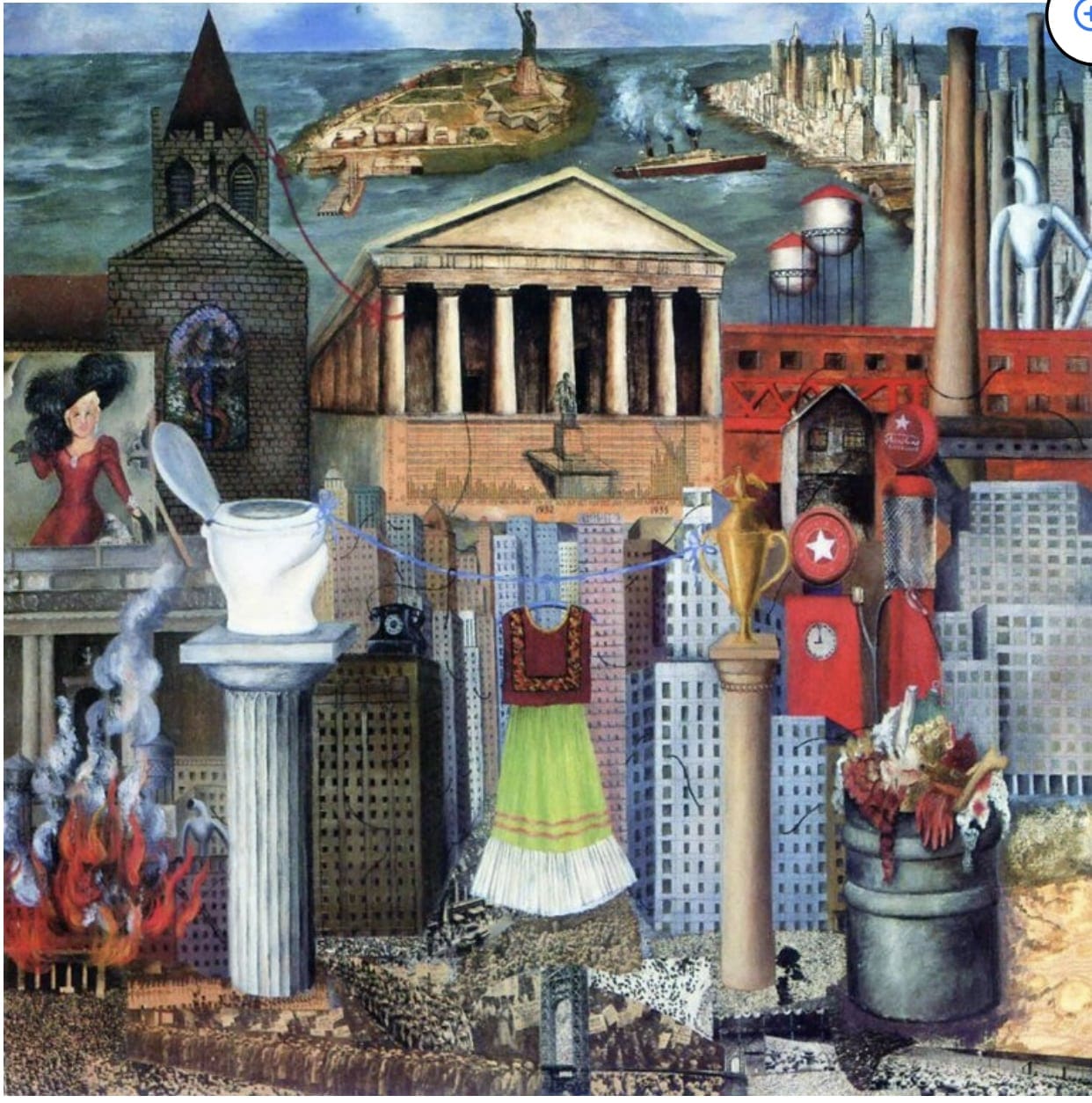 A surreal collage featuring iconic New York landmarks, a toilet, flames, and diverse cultural elements, symbolizing urban life and conflict.