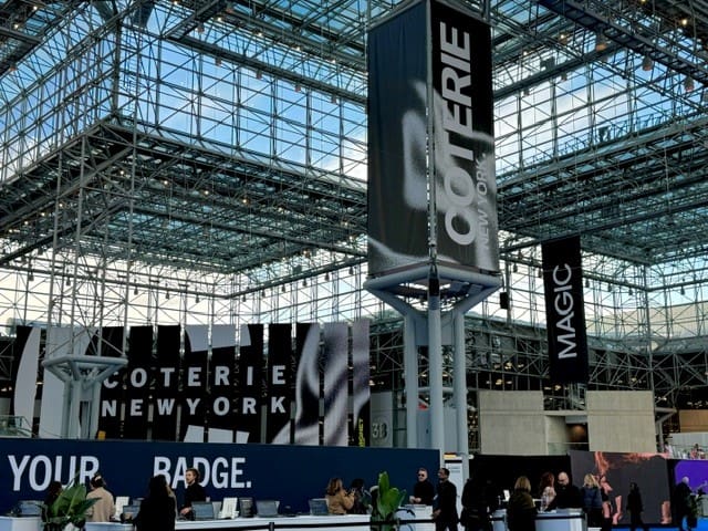 Coterie NY entrance, banners, attendees at registration.