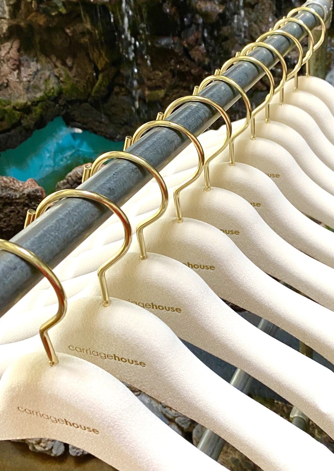 Elegant gold-rimmed hangers displaying the brand "carriagehouse," set against a serene backdrop of water and rocks, showcasing stylish apparel organization.