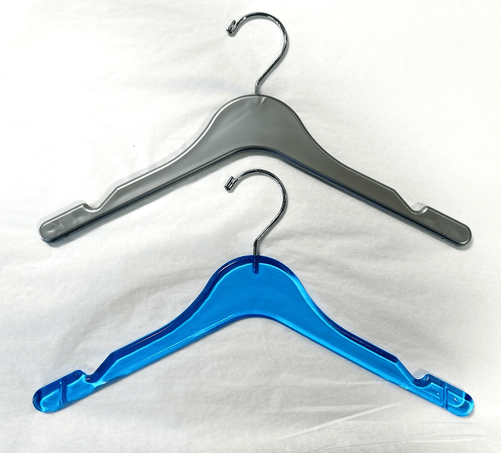 Two coat hangers—one gray, one blue—on white surface showcasing different styles.