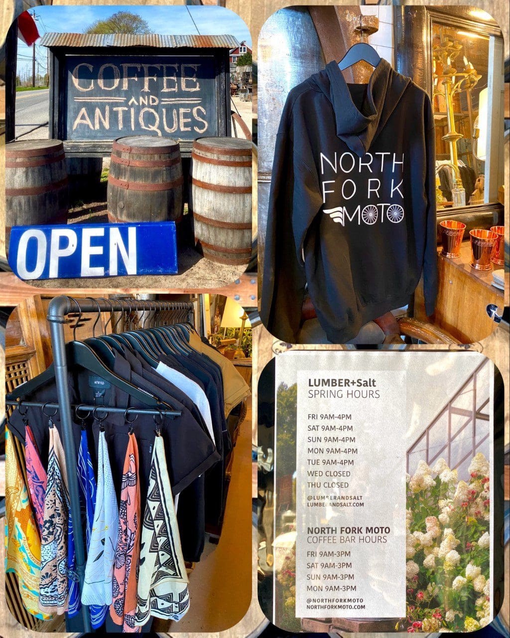 Sign for a coffee and antiques shop alongside barrels, with a display of clothing and hours for North Fork Moto and Lumber + Salt.